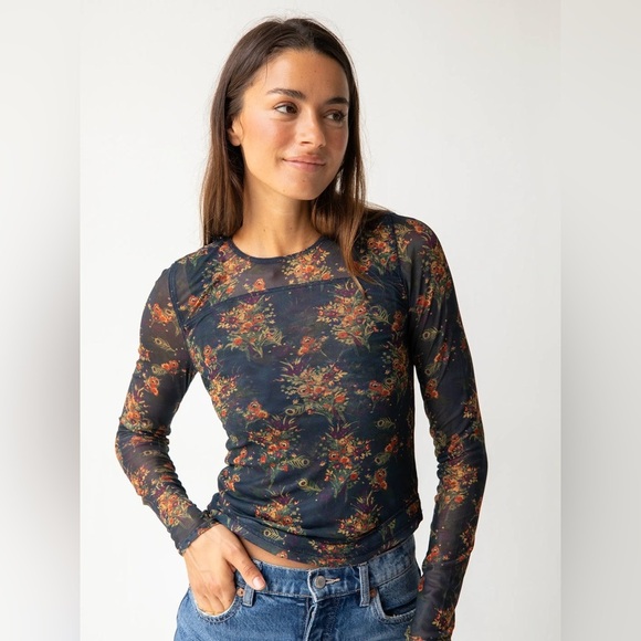 NEW Natural Life Sloane Mesh Long Sleeve Top Navy Floral Women’s XS - Picture 1 of 8